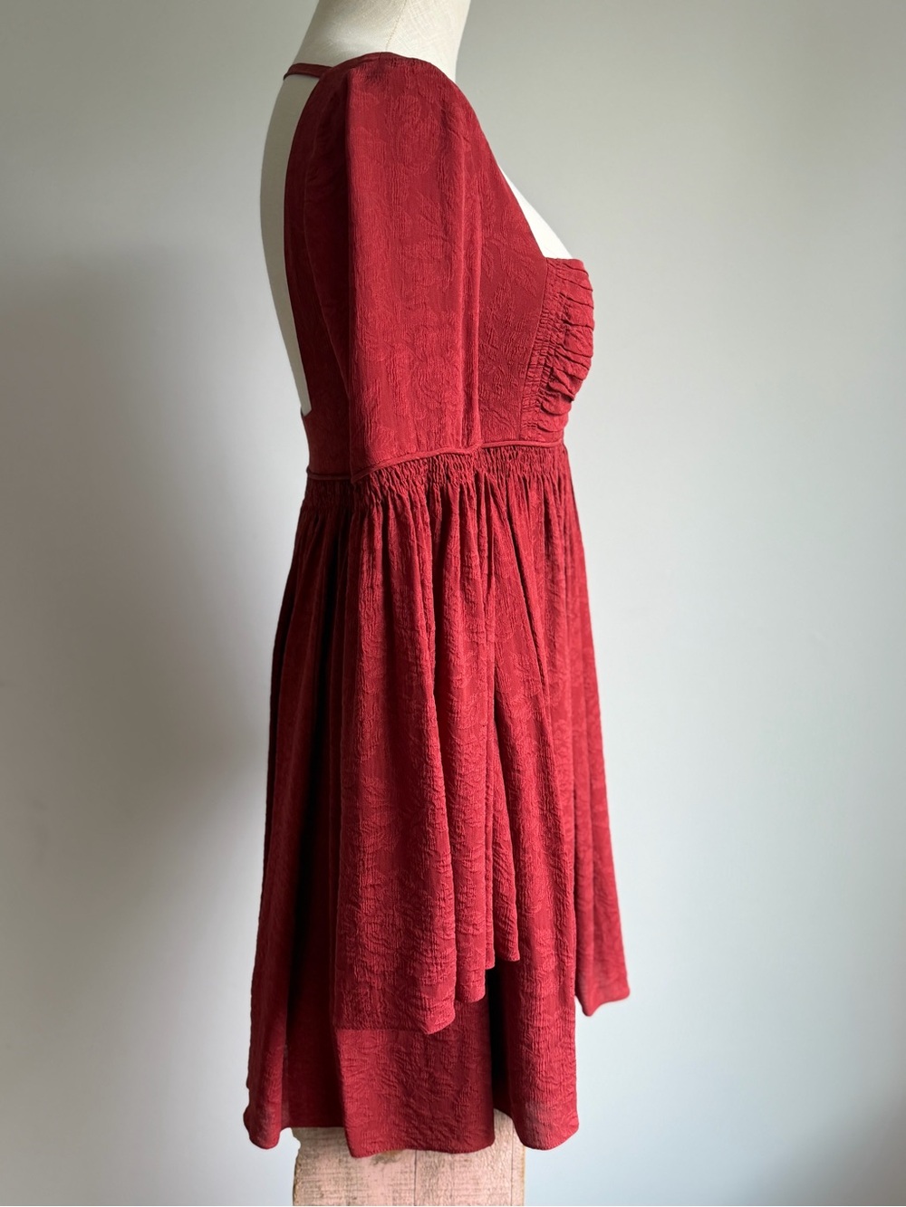 Free People Rust Deep Burgundy Red Square-Neck Long Sleeve Babydoll Dress - Picture 5 of 8
